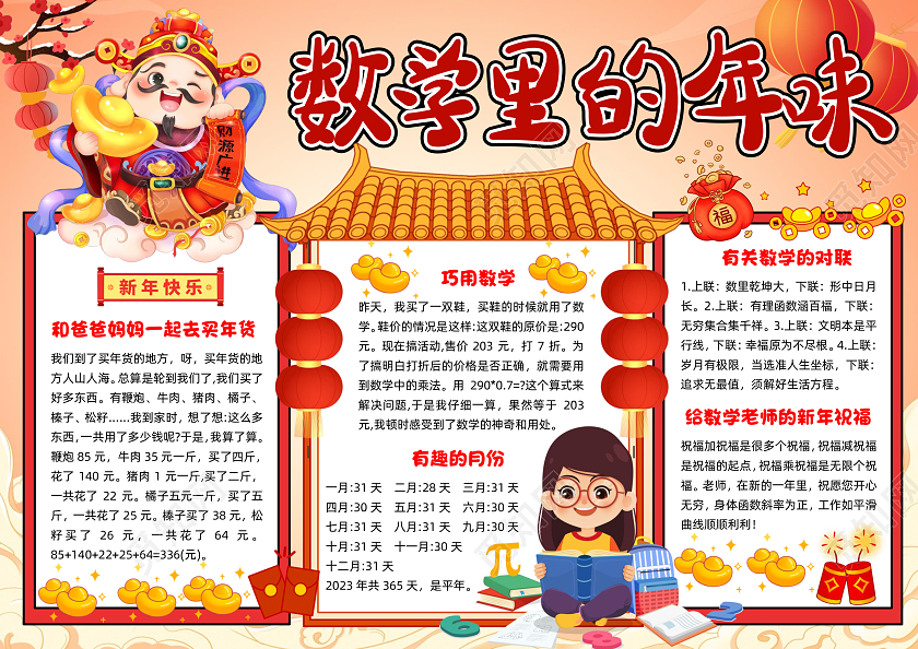 红色国潮数学里的年味国潮小报手抄报数学手抄报小学生手抄报春节