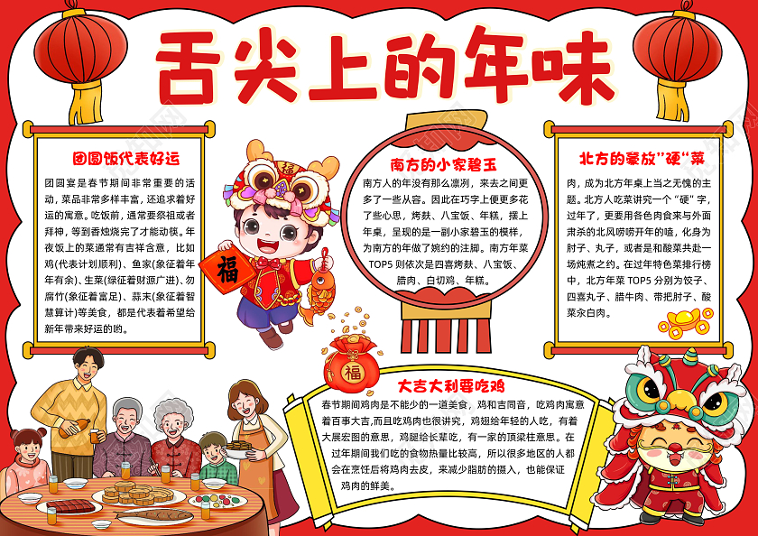 红色手绘舌尖上的年味手绘小报手抄报小学生手抄报春节手抄报 