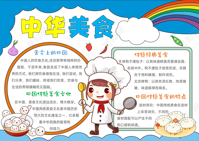 手绘卡通中华美食手抄报美食介绍