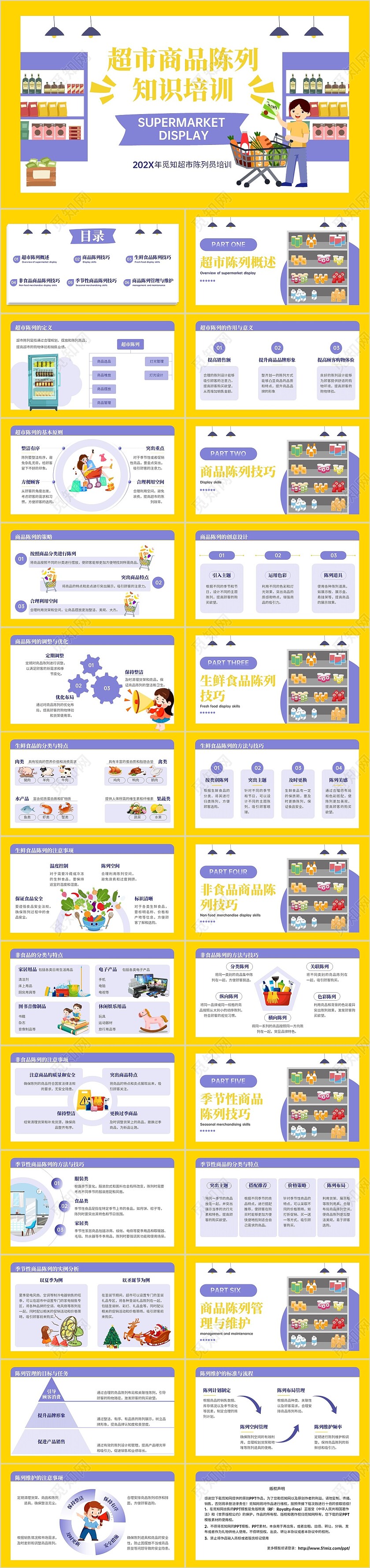 紫色插画风超市商品陈列知识培训PPT模板
