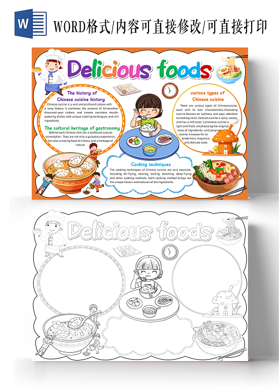 橙色卡通美食英语卡通小报手抄报小学生手抄报美食介绍