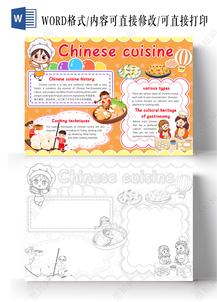 黄色卡通中国传统美食英语小报手抄报小学生手抄报美食介绍