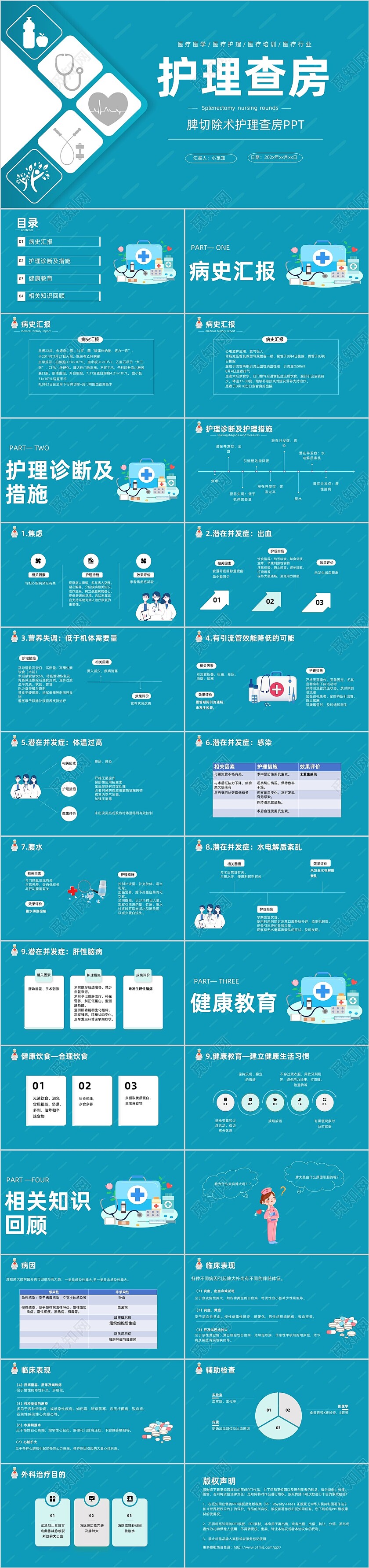 蓝色简约翻页式脾切除术护理查房述职报告PPT模板