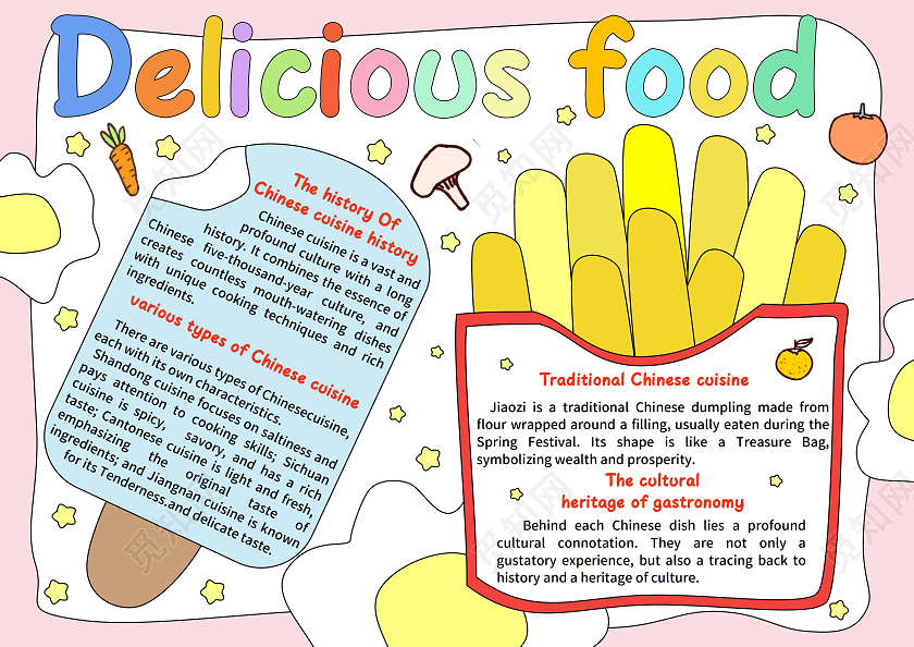 粉色卡通手绘DeliciousFood美食英语手抄报美食介绍