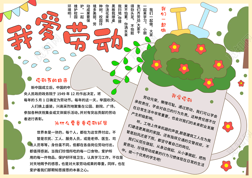 绿色卡通手绘小清新我爱劳动手抄报