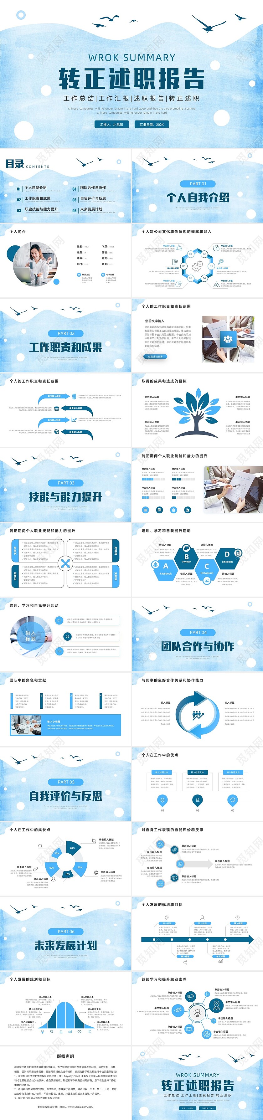 蓝色水彩风转正述职报告PPT模板