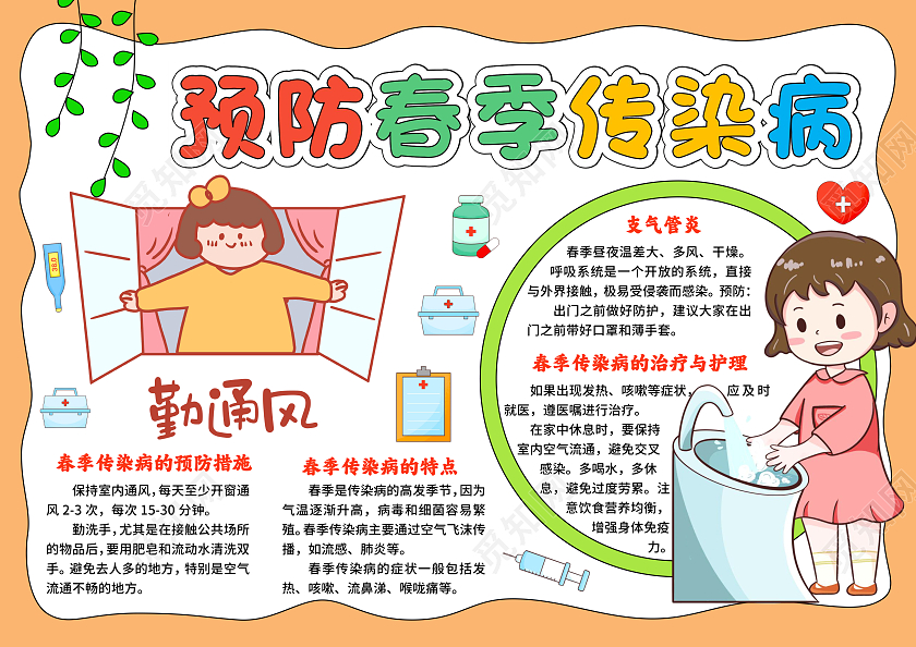 橙色卡通手绘预防春季传染病预防手抄报春天