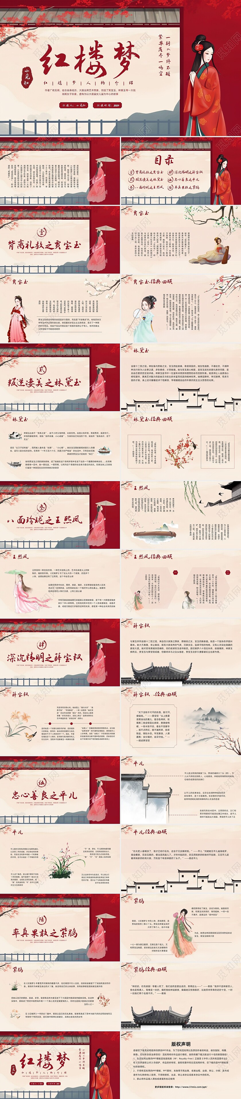 红色古风红楼梦人物介绍PPT模板宣传PPT动态PPT四大名著