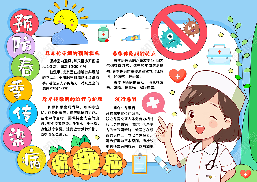 蓝色卡通手绘小清新预防春季传染病手抄报春天