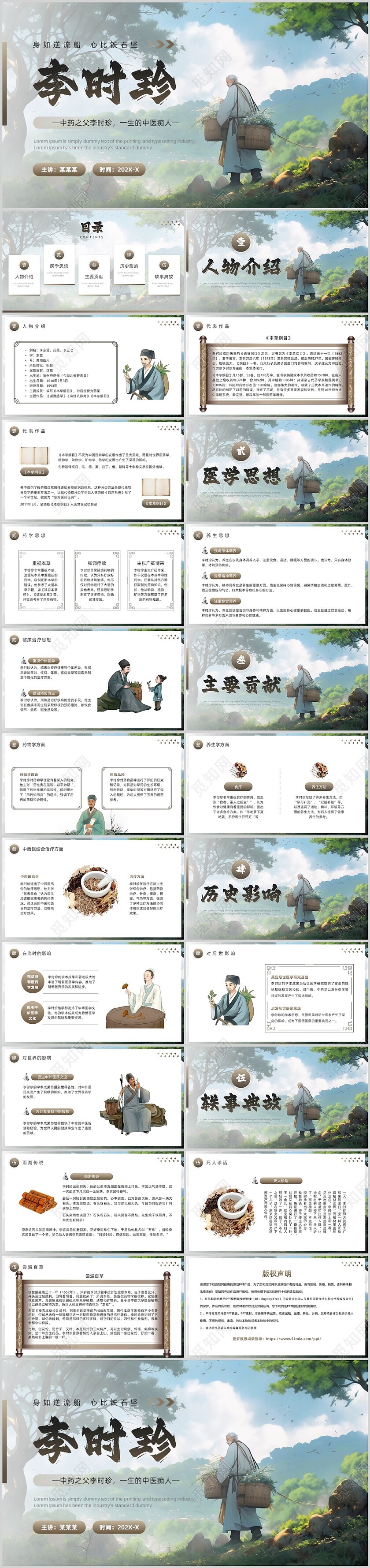 棕色古风李时珍人物介绍PPT模板四大名医中国古代四大名医