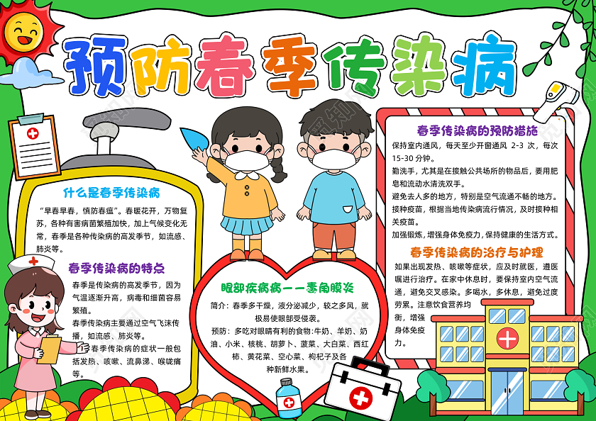 绿色手绘预防春季传染病手绘小报手抄报小学生手抄报春天