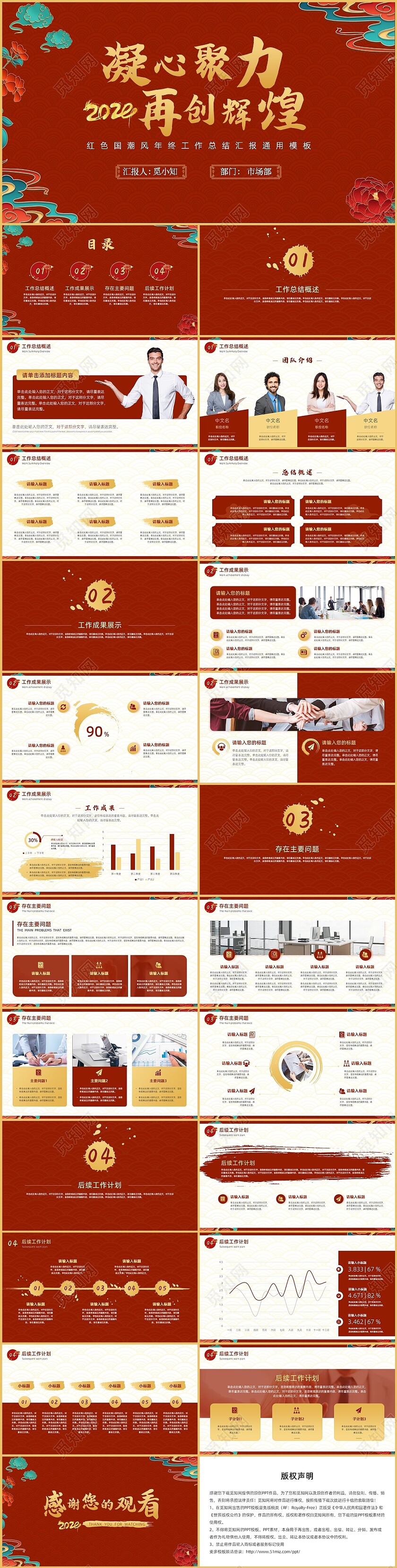 红色国潮风年终工作总结述职汇报通用PPT模板工作总结