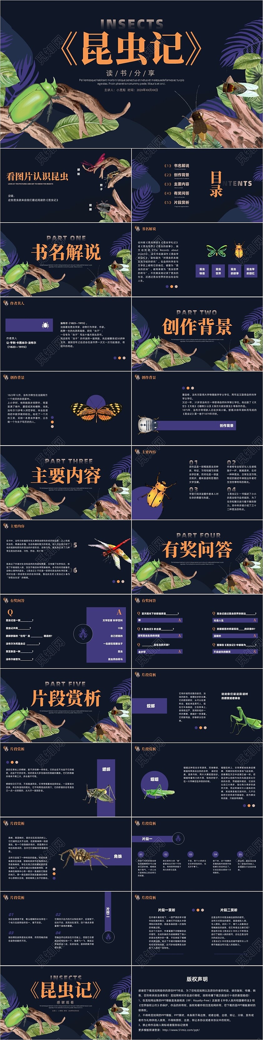 黑色紫色水彩风昆虫记中小学生读书分享教学说课ppt