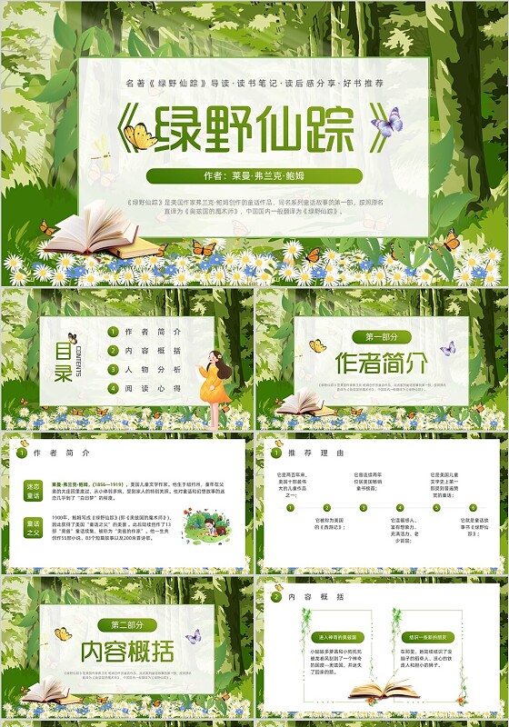 绿色卡通插画风绿野仙踪读书分享PPT模板