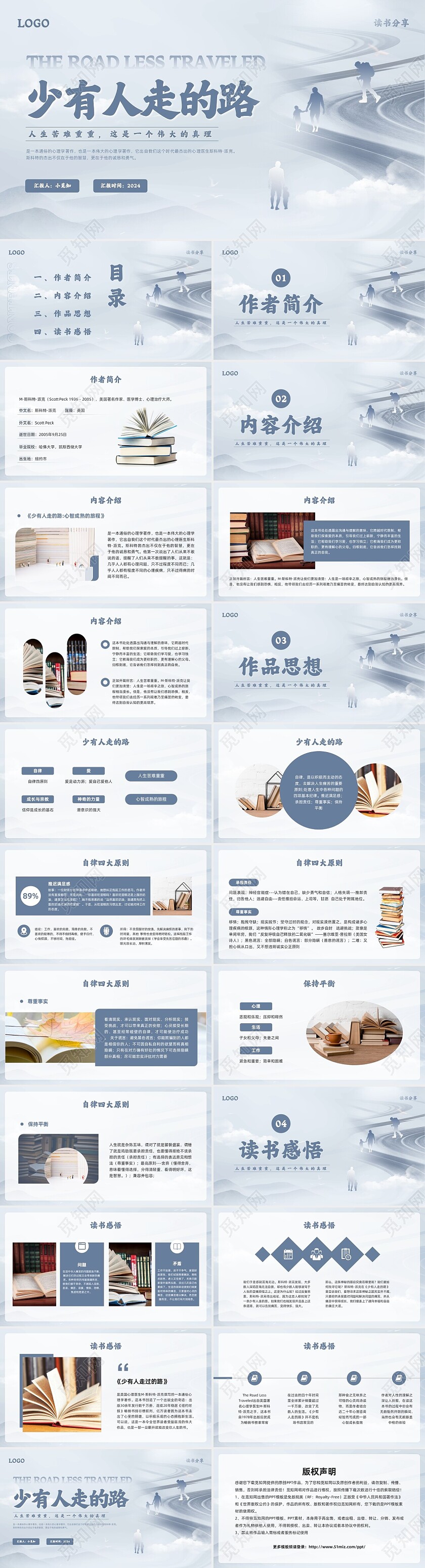 蓝色简约少有人走的路PPT模板宣传PPT动态PPT读书分享