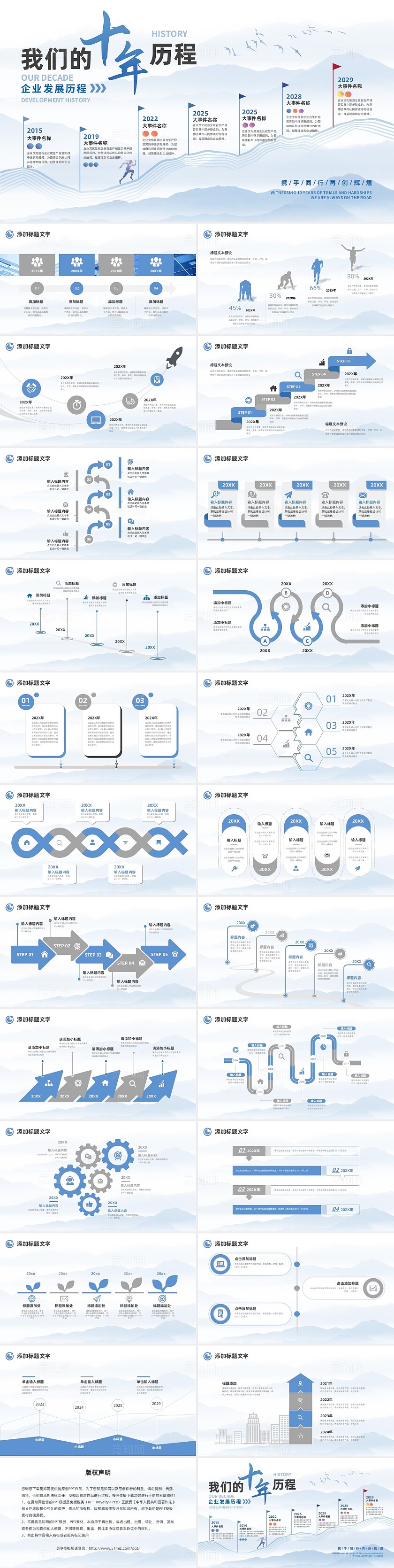 蓝色水墨励志风公司企业时间轴PPT模板