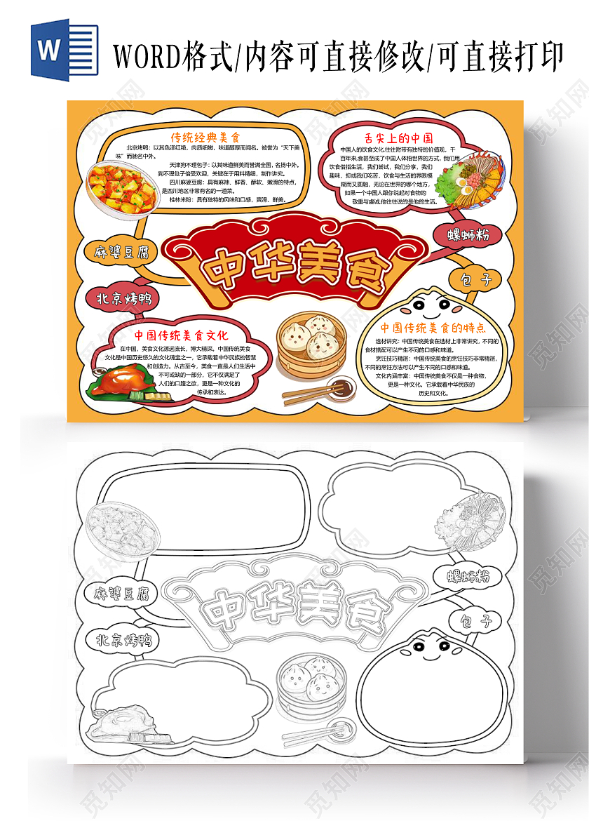 橙色云朵手绘边框中华美食小报手抄报美食介绍