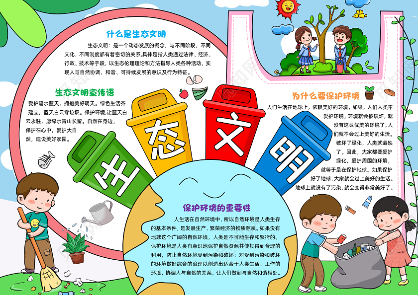 蓝色手绘生态文明手绘小报手抄报小学生手抄报文明礼仪