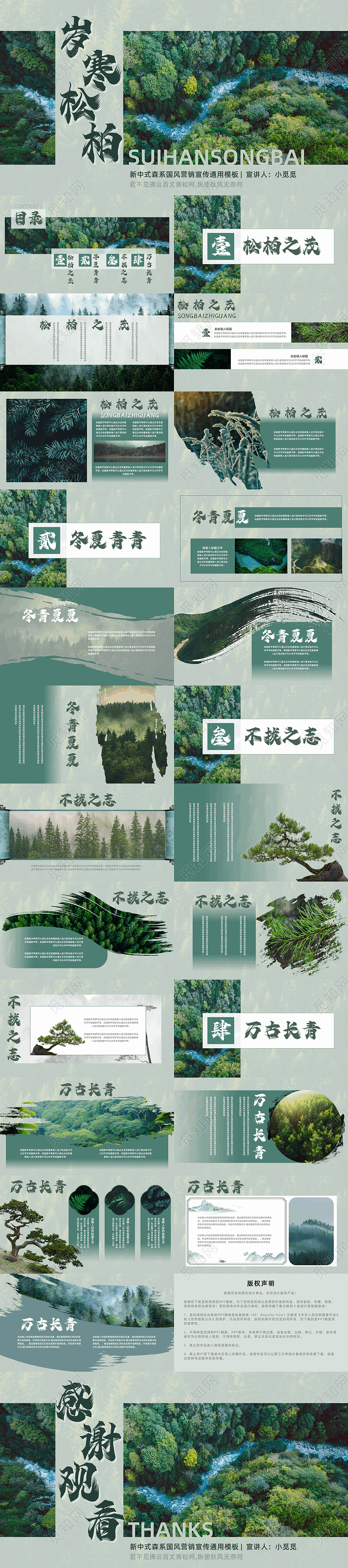 绿色森系中国风国潮唯美岁寒松柏励志公司商务宣传画册PPT模板