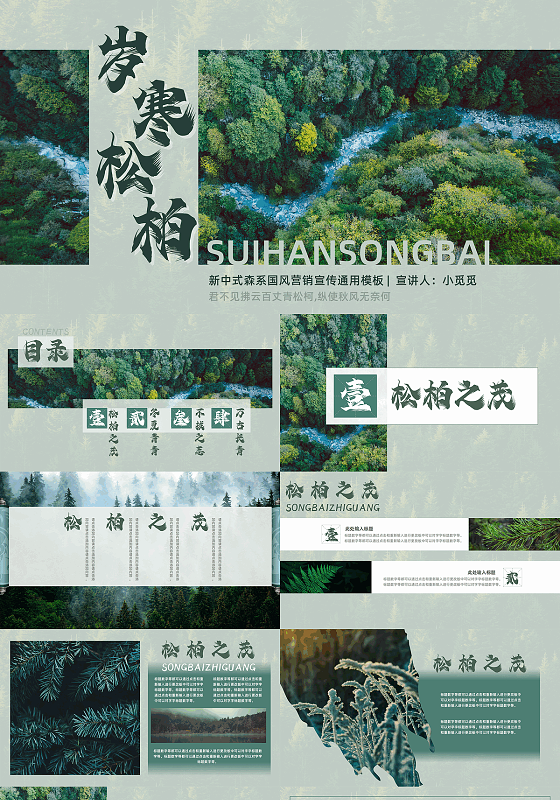 绿色森系中国风国潮唯美岁寒松柏励志公司商务宣传画册PPT模板