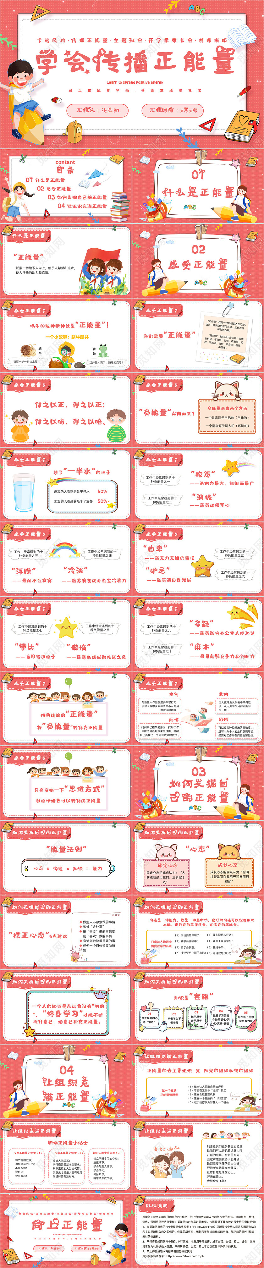 红色卡通风学会传播正能量主题班会ppt模版