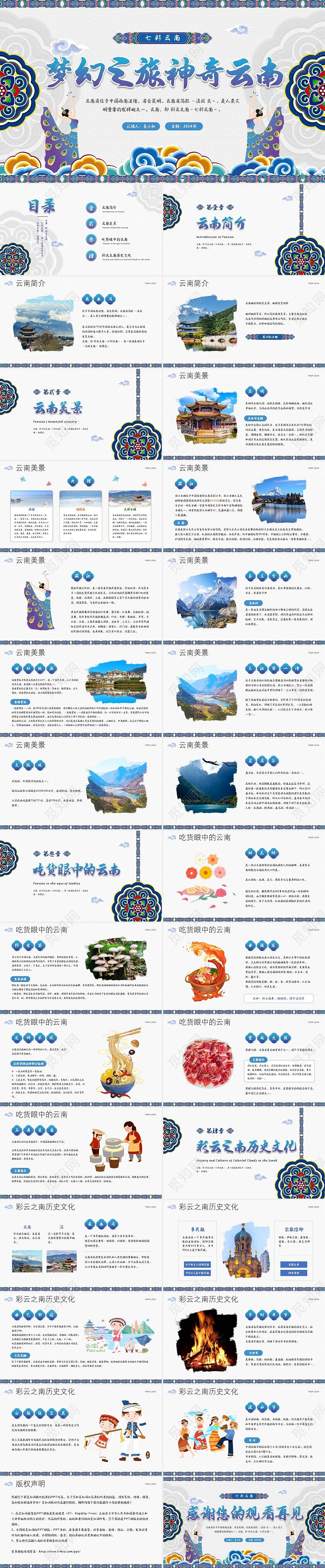 蓝色云南少数民族元素插画风梦幻之旅神奇云南城市景点旅游介绍PPT