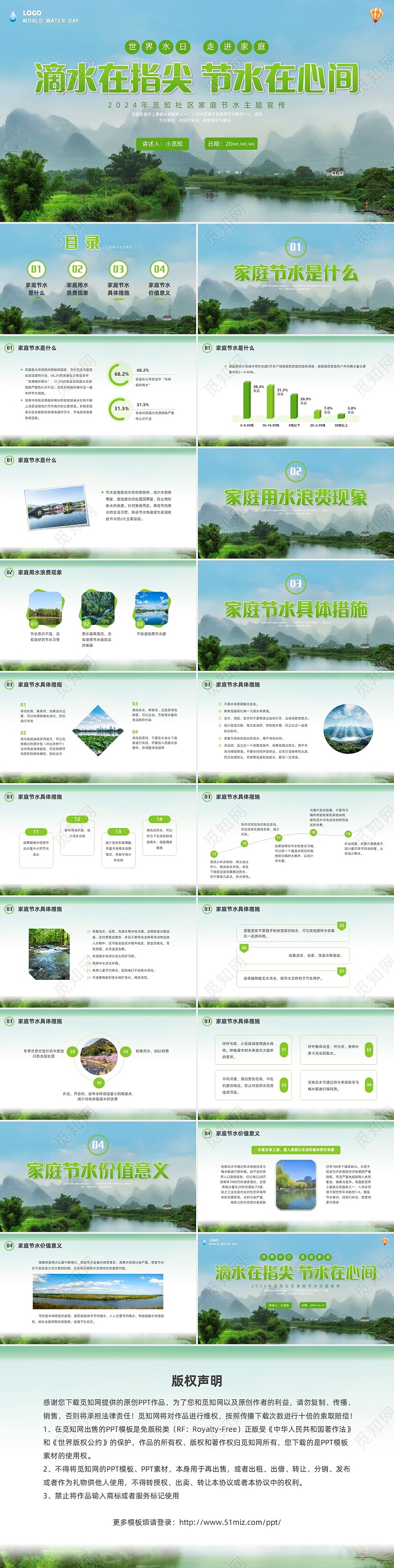 绿色简约实拍节约用水滴水在指尖节水在心尖PPT课件世界节水日