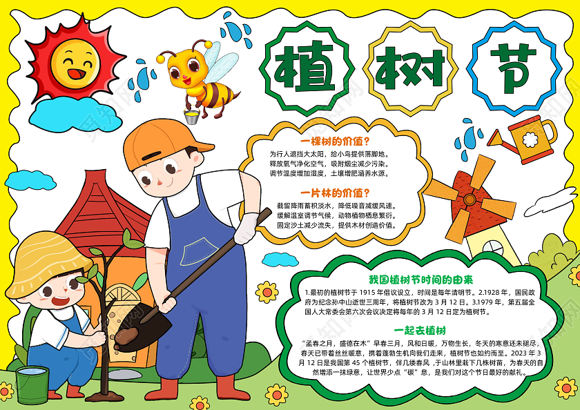 黄色手绘植树节手绘小报手抄报小学生手抄报节日手抄报