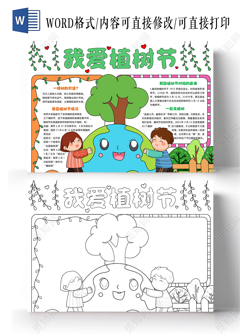 绿色手绘我爱植树节手绘小报手抄报节日手抄报小学生手抄报