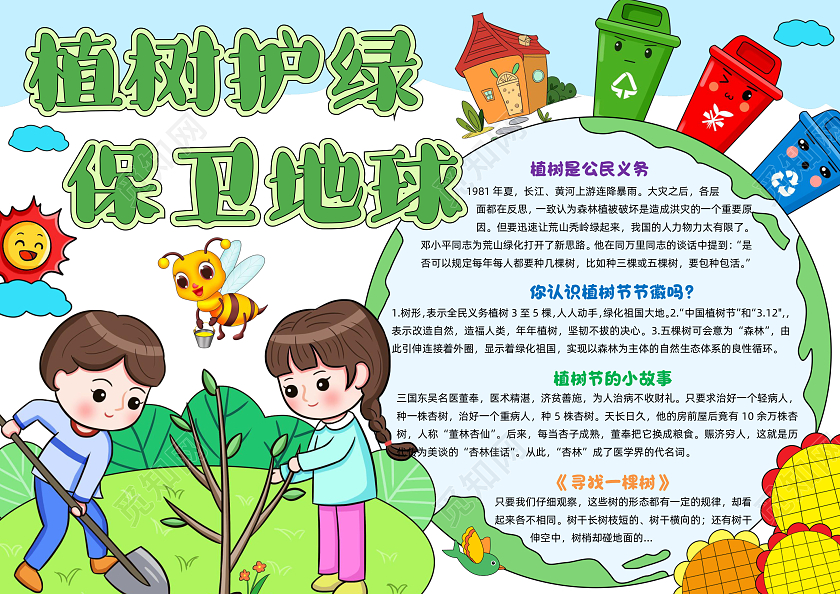 彩色手绘植树护绿保卫地球手绘小报手抄报小学生手抄报植树节