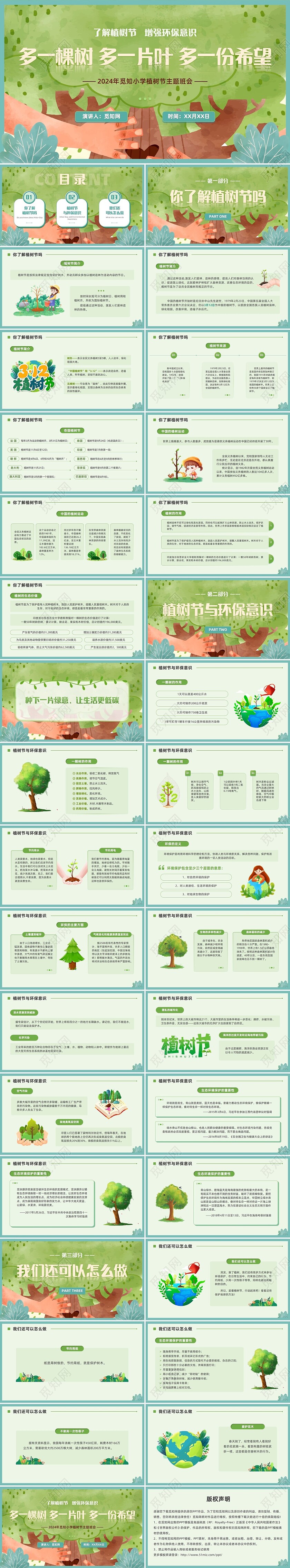 绿色水彩小学植树节主题班会中国植树节活动312PPT