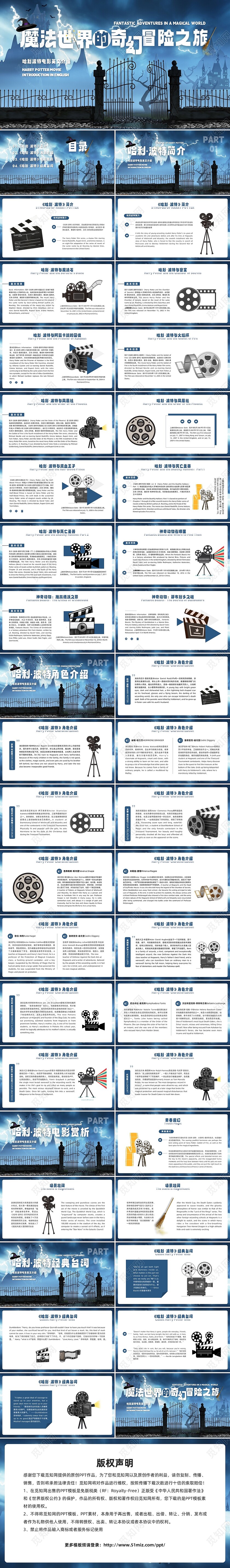 蓝色插画哈利波特英语电影英文介绍PPT模板宣传PPT动态PPT