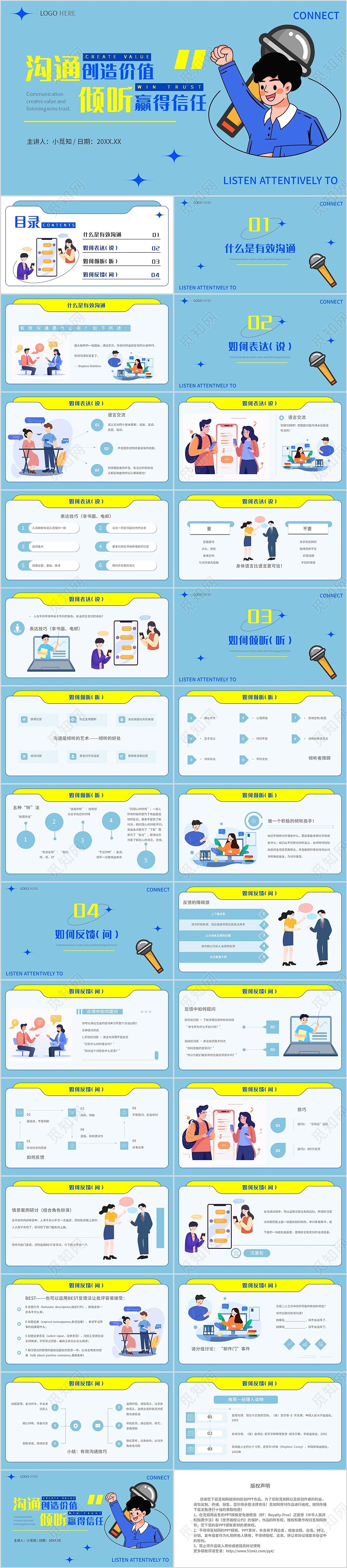 蓝色简约插画风沟通与倾听培训PPT模板沟通技巧