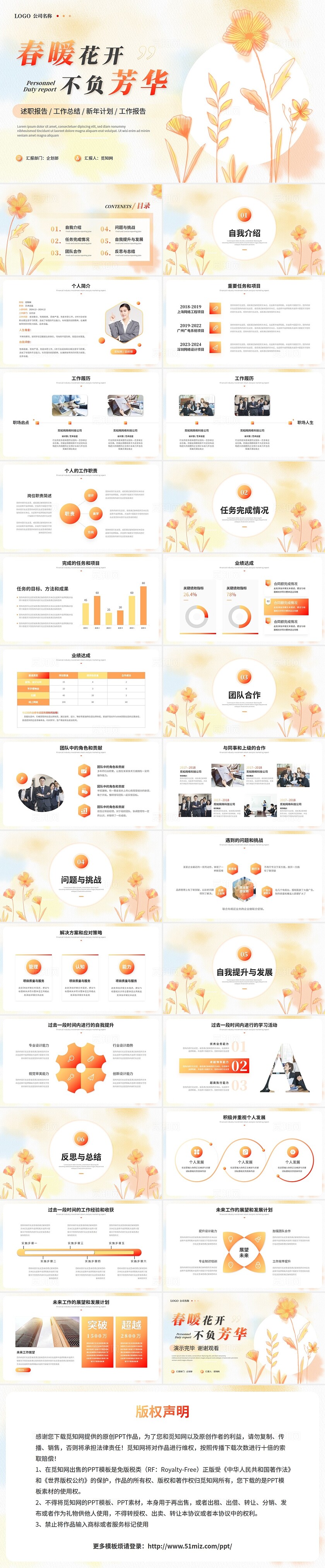 清新简约手绘花卉述职报告工作汇报工作总结计划ppt模板
