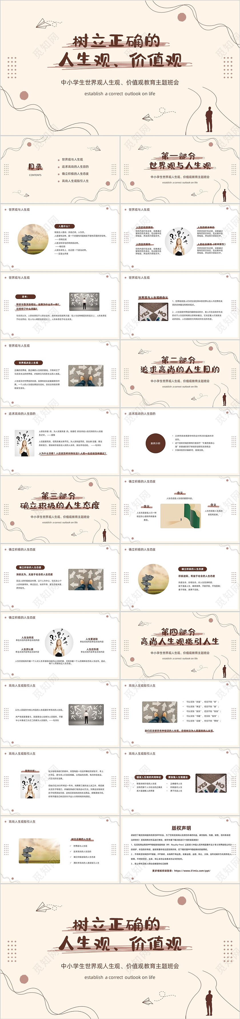 棕色复古简约线条风正确的人生观价值观PPT模板