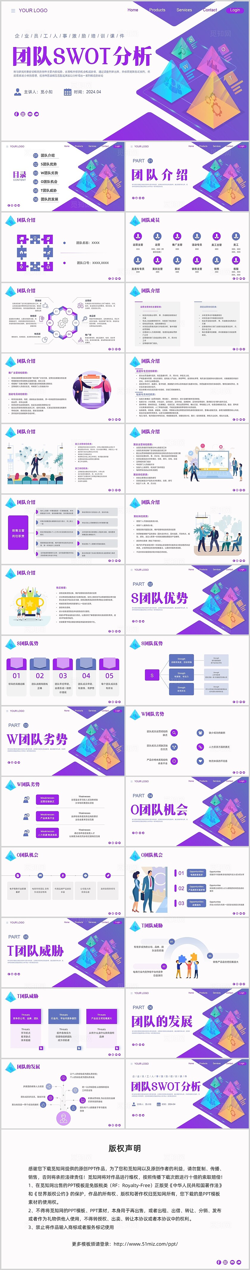 紫色蓝色简约扁平企业培训团队SWOT培训PPT课件