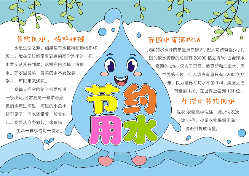 卡通简约节约用水手抄报世界水日