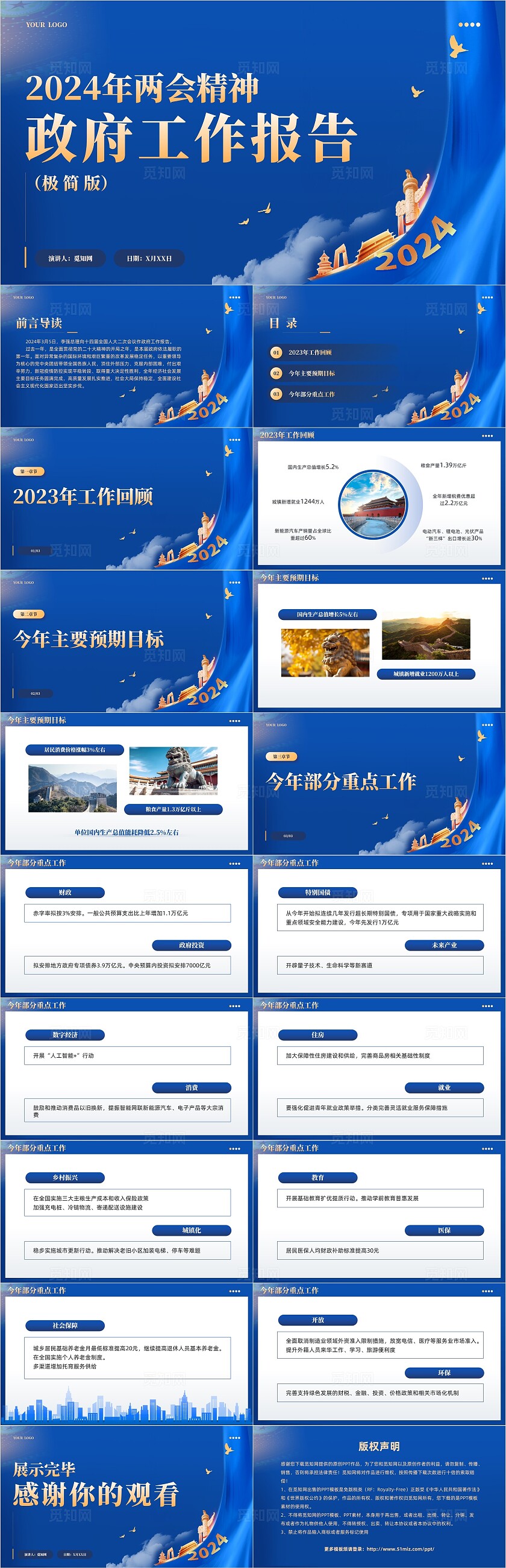 蓝金2024年两会精神工作报告极简版学习党课课件PPT党建