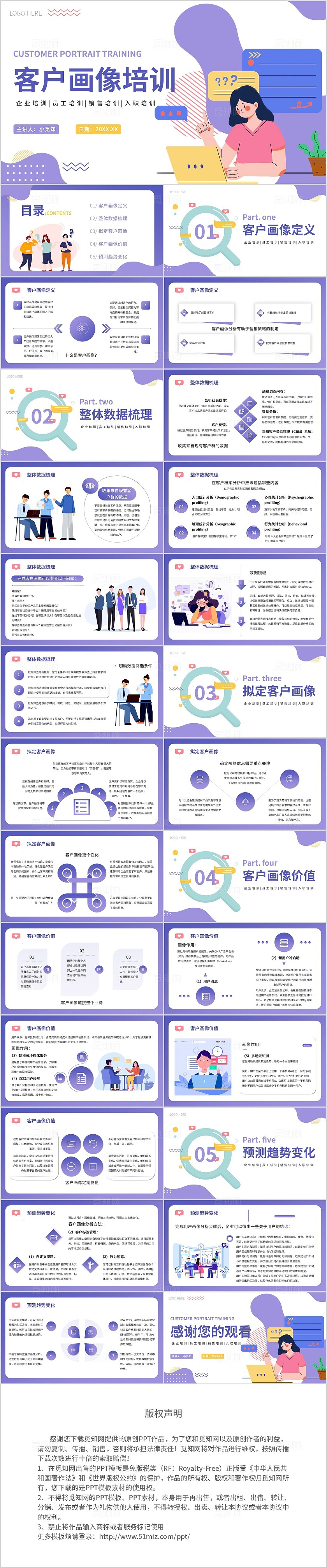 紫色简约插画风客户画像企业培训PPT模板客户关系管理