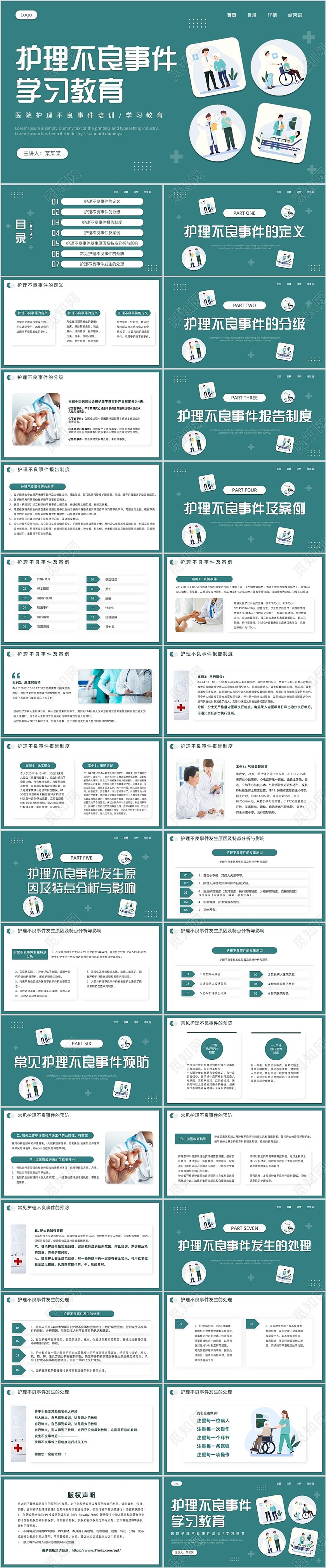 绿色微粒体插画风护理不良事件PPT模板