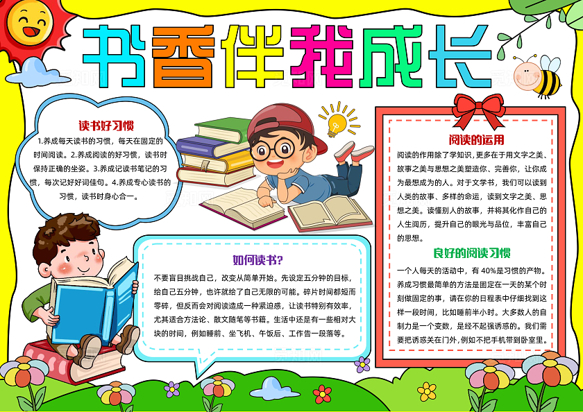 彩色手绘书香伴我成长手绘小报手抄报小学生手抄报世界读书日