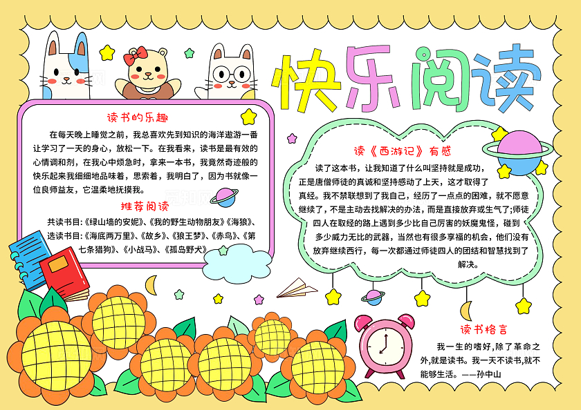 黄色卡通手绘小清新快乐阅读快乐读书小报手抄报世界读书日