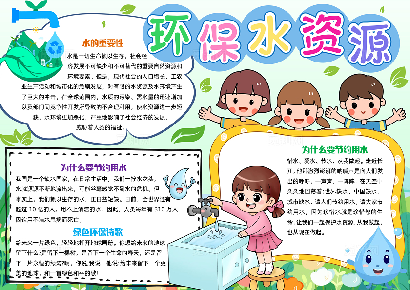 彩色清新插画环保水资源清新插画小报手抄报小学生手抄报世界水日