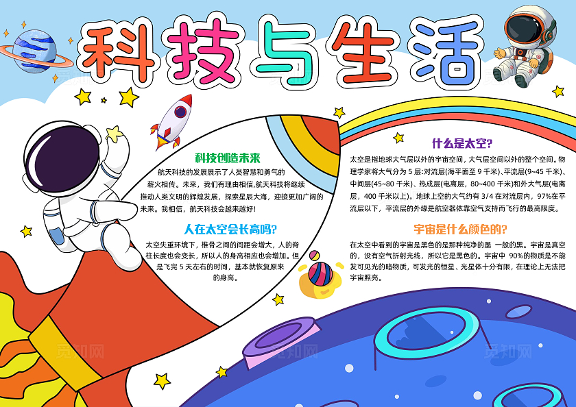 彩色手绘科技与生活手绘小报手抄报小学生手抄报中国航天日