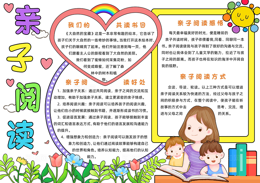彩色卡通亲子阅读小报手抄报读书手抄报