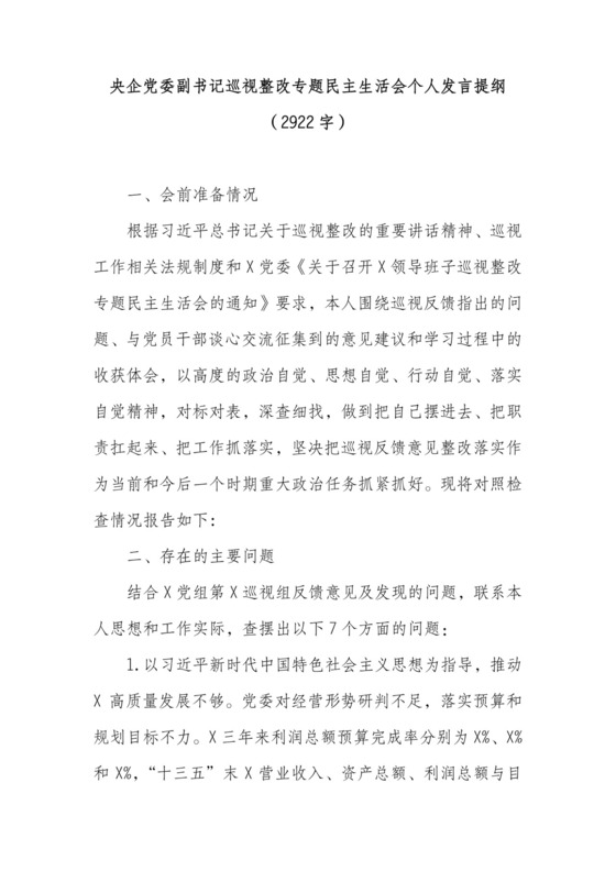 国企党委副书记巡视整改专题民主生活会个人发言提纲.docx