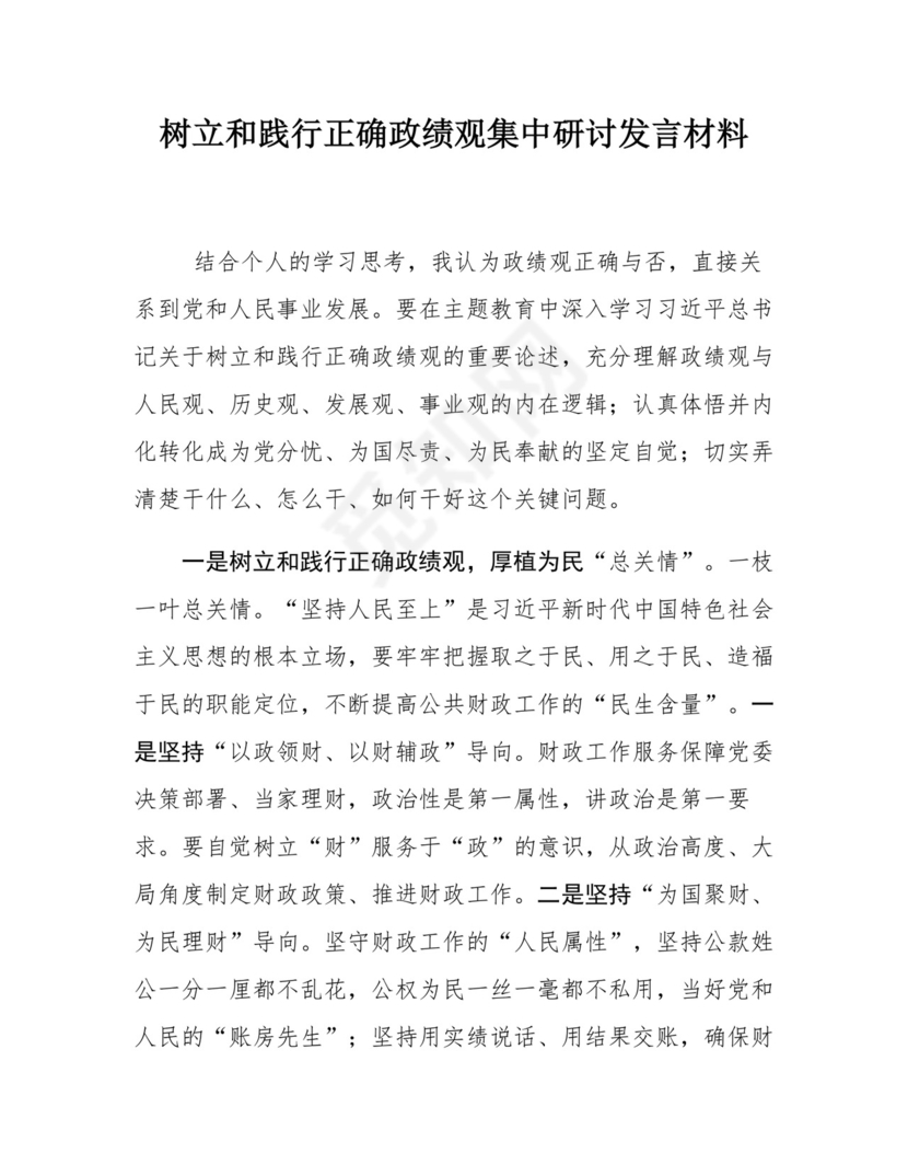 树立和践行正确政绩观集中研讨发言材料.docx