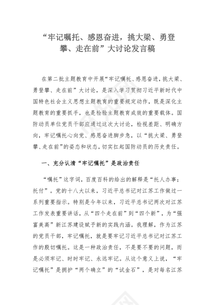 “牢记嘱托、感恩奋进，挑大梁、勇登攀、走在前”大讨论发言稿.docx