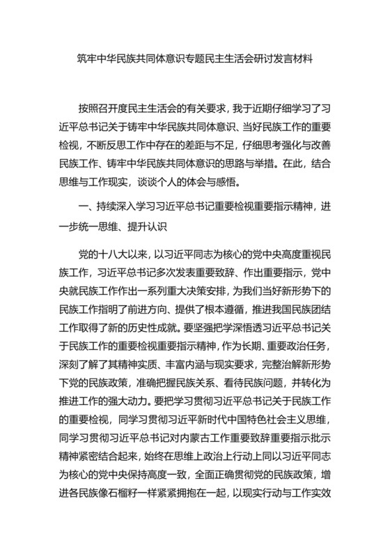 筑牢中华民族共同体意识专题民主生活会研讨发言材料.docx