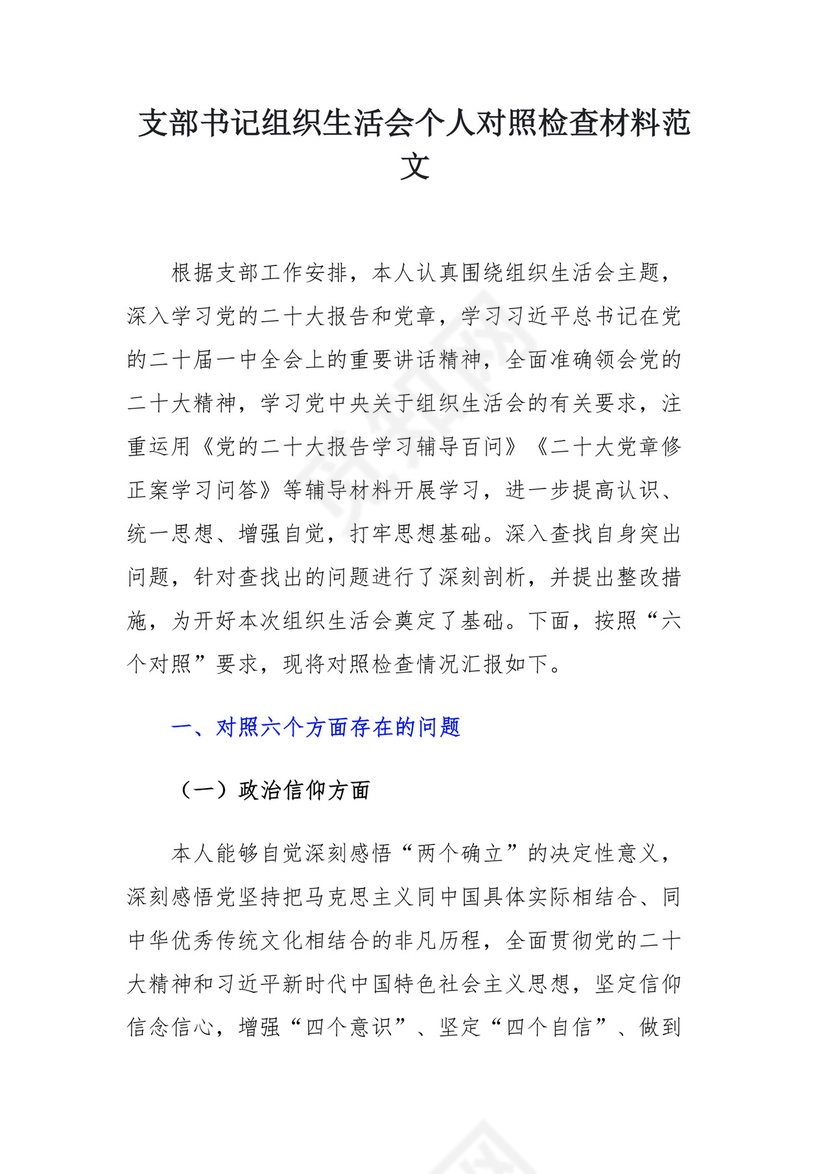 支部书记组织生活会个人对照检查材料范文.docx